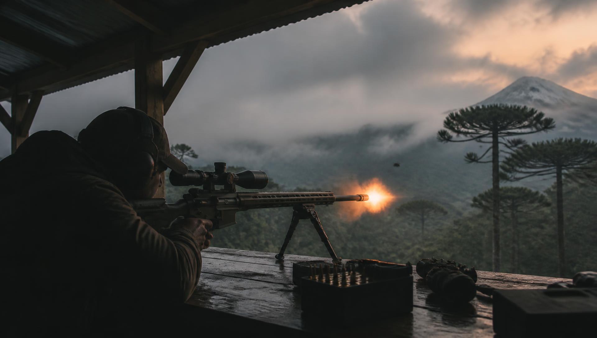 Tirador disparando rifle de precisión desde puesto techado frente a araucarias